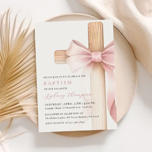 Baby Pink Bow Cross Girl Baptism Invitation