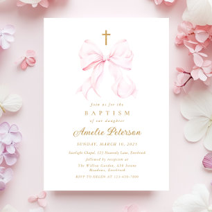 Baby Pink Bow Girl Baptism Invitation
