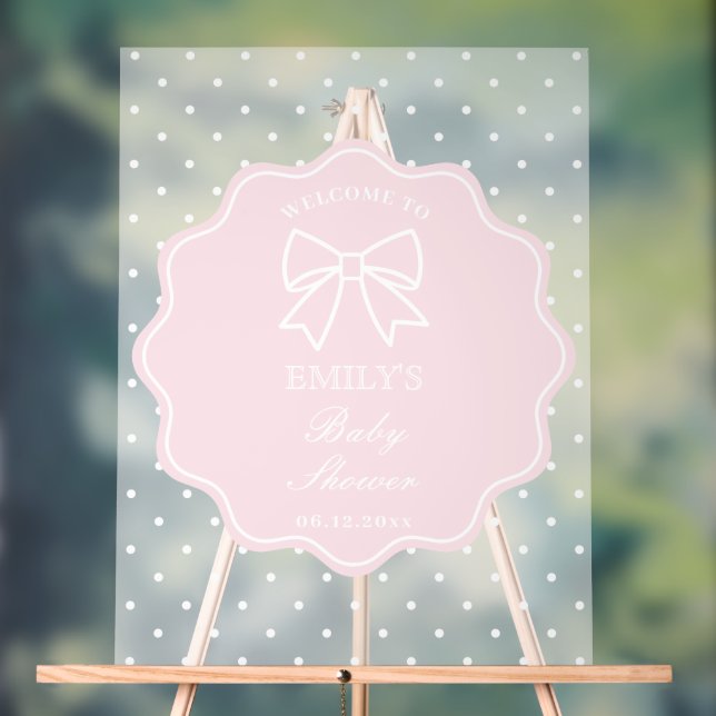 Baby Pink Bow Polka Dots Girl Baby Shower Welcome Acrylic Sign (Neutral)