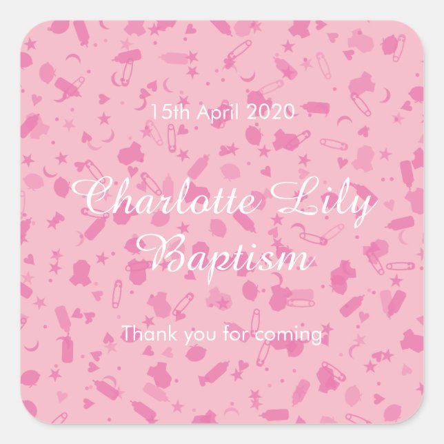 Baby Pink Confetti Baptism Christening Favour Square Sticker (Front)