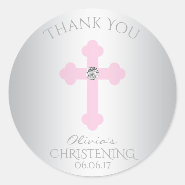 Baby Pink Cross Baptism/Christening Girl Thank You Classic Round Sticker (Front)