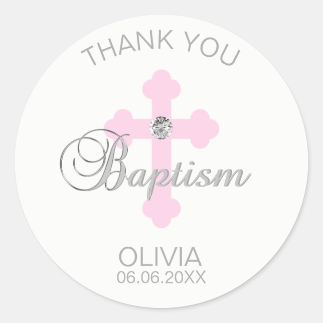 Baby Pink Cross Baptism Girl Thank You Classic Round Sticker (Front)