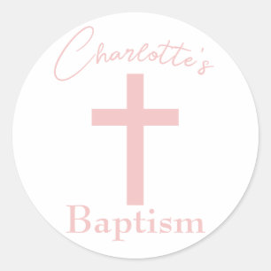 Baby Pink Cross with Custom Name Baptism Classic Round Sticker