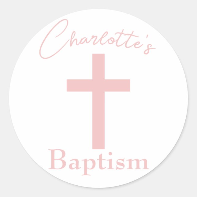 Baby Pink Cross with Custom Name Baptism Classic Round Sticker (Front)