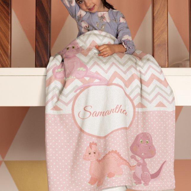 Baby Pink Dinosaur Chevron Personalised Fleece Blanket (Creator Uploaded)