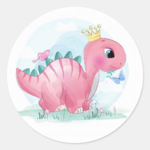 Baby Pink Dinosaur with Crown Classic Round Sticker
