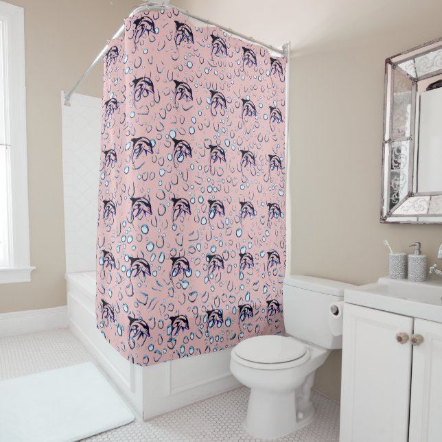 Baby Pink - Dolphin Life - Grey Shower Curtain (In Situ)
