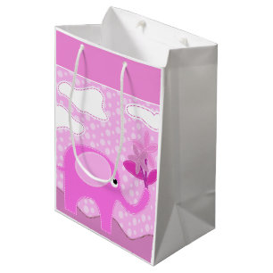 Baby Pink Elephant and Flowers Medium Gift Bag
