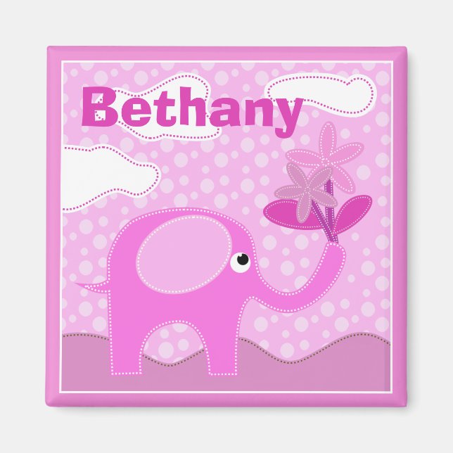 Baby Pink Elephant and Flowers Personalised Magnet (Front)