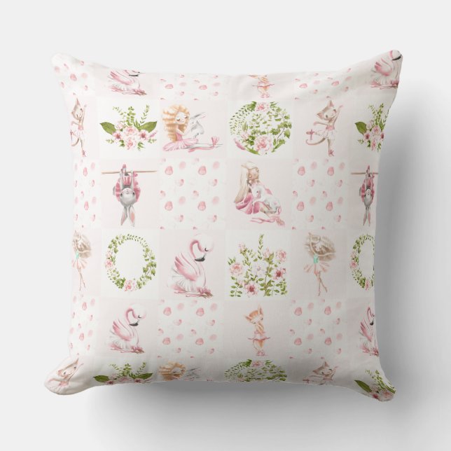 Baby Pink Floral Animals Quilt Nursery Pattern Cushion (Front)