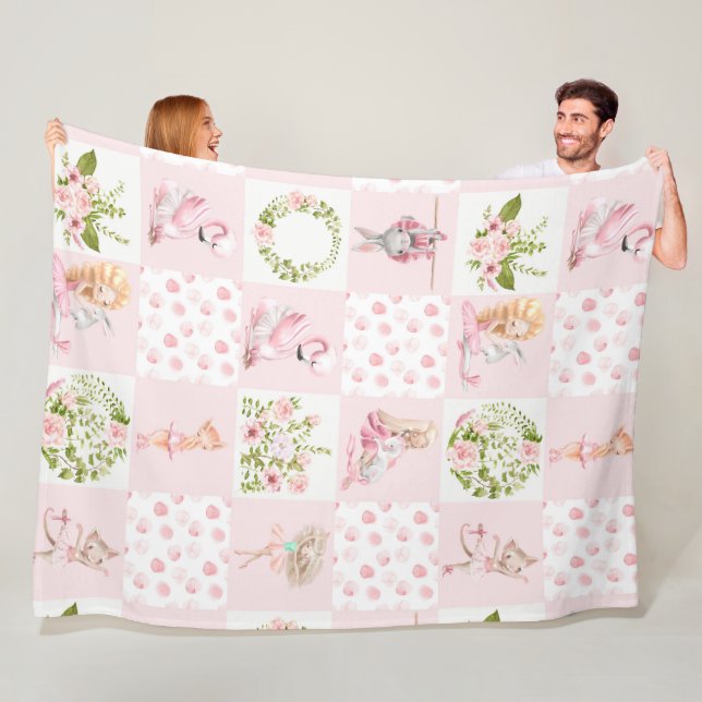 Baby Pink Floral Animals Quilt Nursery Pattern Fleece Blanket (In Situ)