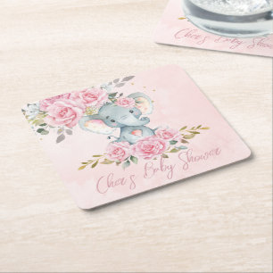 Baby Pink Floral Cute Elephant Baby Shower Square Paper Coaster