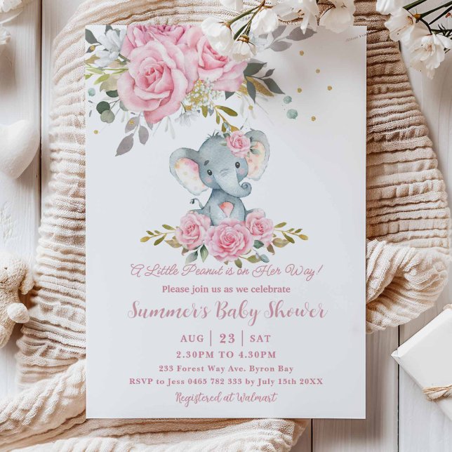Baby Pink Floral Cute Elephant Girl Baby Shower Invitation (Creator Uploaded)