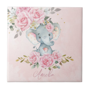 Baby Pink Floral Cute Elephant Nursery Bedroom Tile