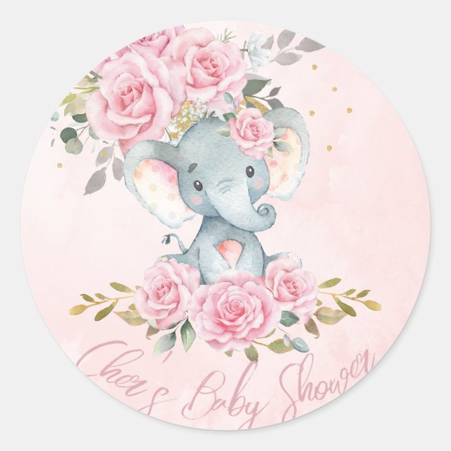 Baby Pink Floral Cute Elephants Twins Baby Shower Classic Round Sticker (Front)
