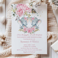 Baby Pink Floral Cute Elephants Twins Baby Shower