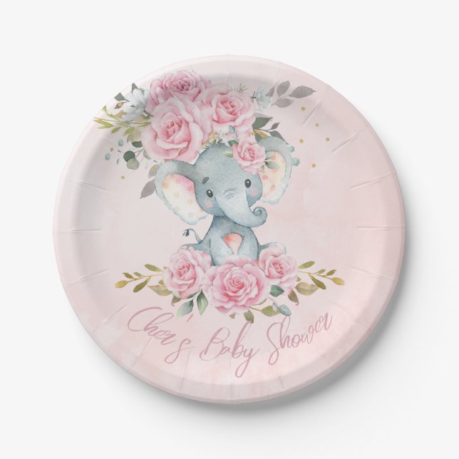 Baby Pink Floral Cute Elephants Twins Baby Shower Paper Plate (Front)