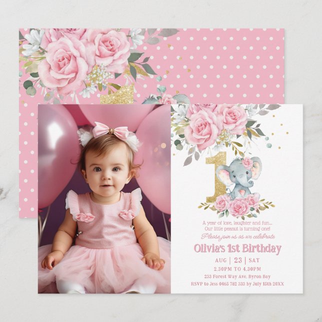 Baby Pink Floral Elephant One 1st Birthday Photo Invitation (Front/Back)