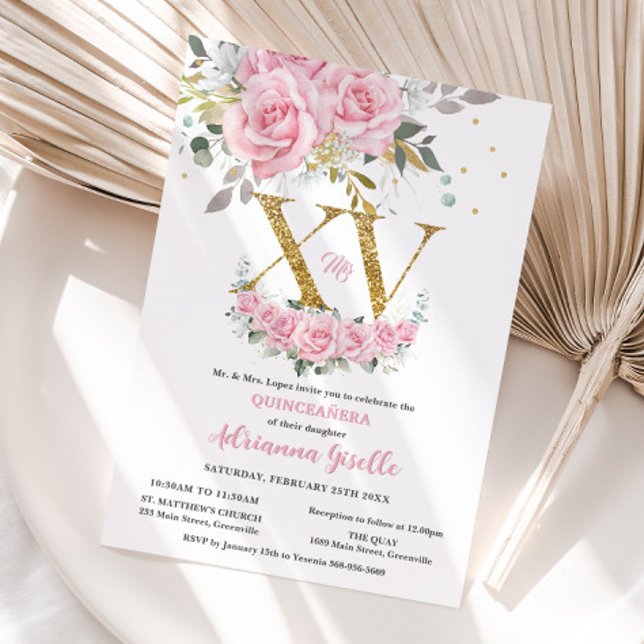 Baby Pink Floral Gold XV Quinceañera Quince 15 Invitation (Creator Uploaded)