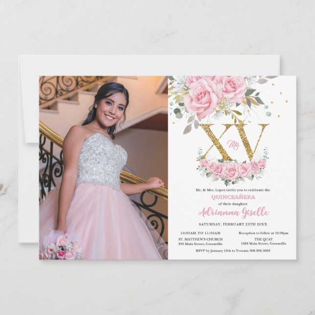 Baby Pink Floral Gold XV Quinceañera Quince Photo Invitation (Front)