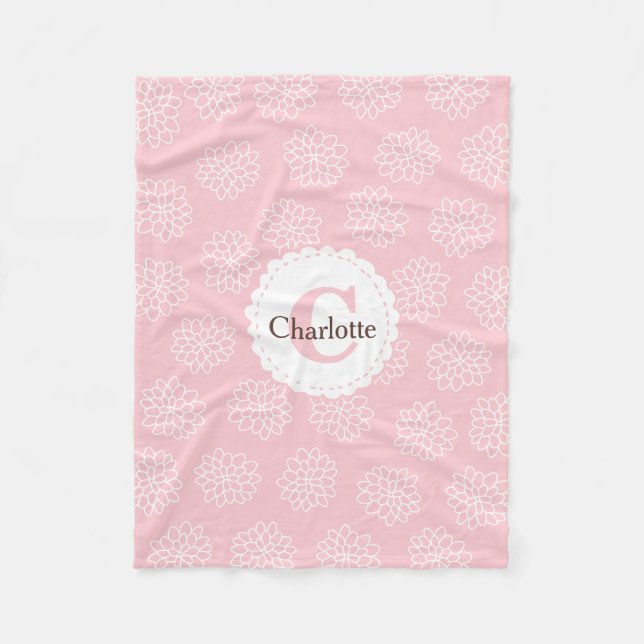 Baby Pink Floral Monogram Custom Name Fleece Blanket (Front)