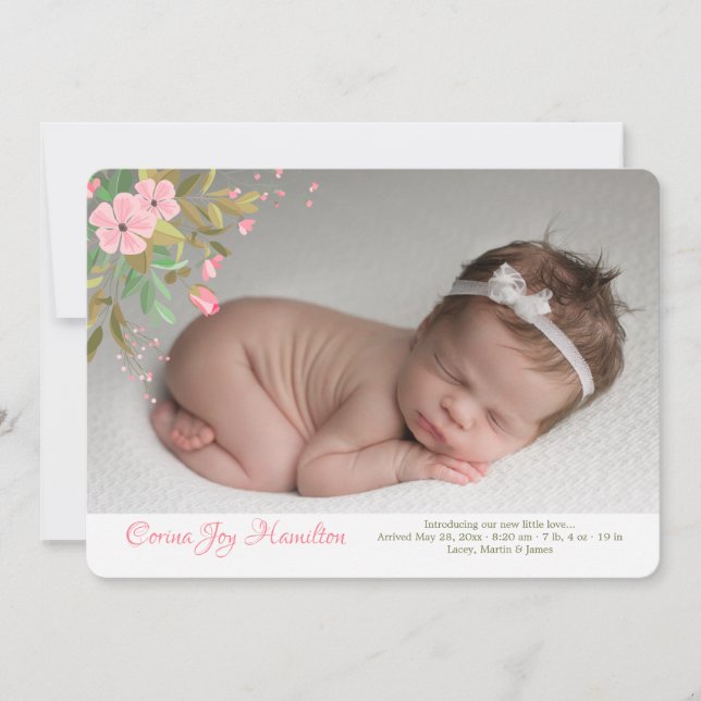 Baby Pink Floral Photo Birth Announcement (Front)