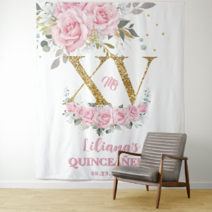 Baby Pink Floral XV QUINCEAÑERA Quince 15 Backdrop Tapestry