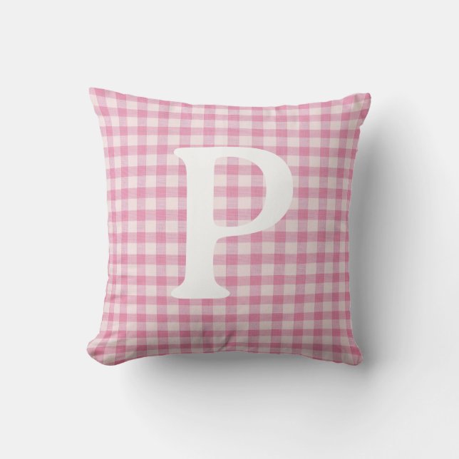 Baby Pink Gingham Initial Custom Cushion (Front)