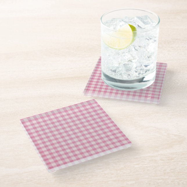Baby Pink Gingham Pattern Glass Coaster (Angled)