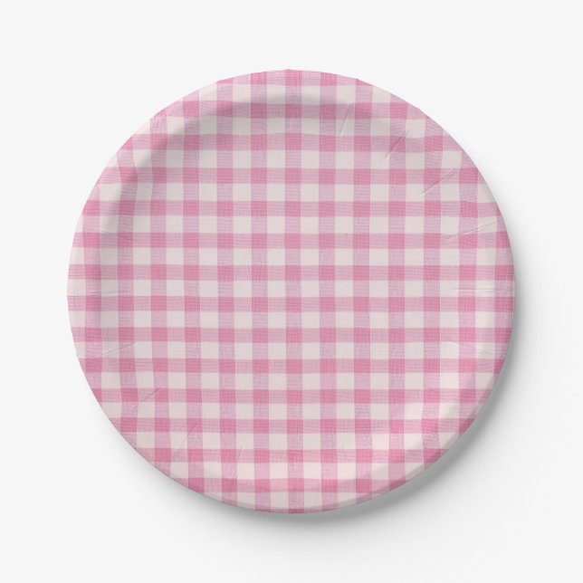 Baby Pink Gingham Pattern Paper Plate (Front)