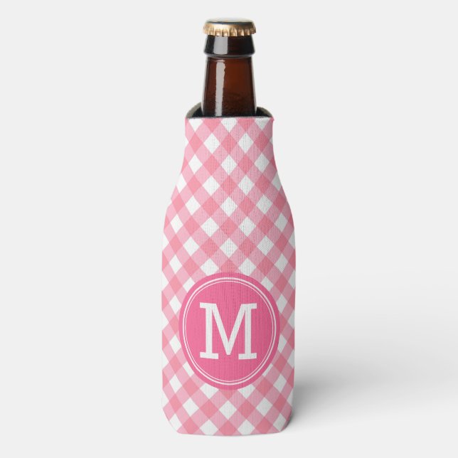 Baby Pink Gingham Personalise Monogram Bottle Cooler (Bottle Front)