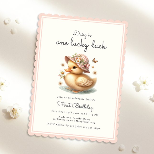 Baby Pink Girl Lucky Duck First Birthday Invitation (Creator Uploaded)