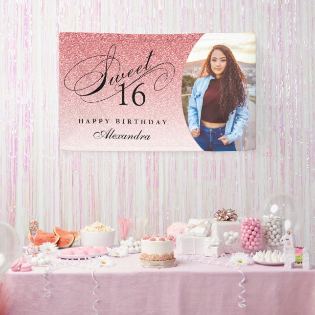 Baby Pink Glitter Sweet 16 Personalised Photo Banner (Party)