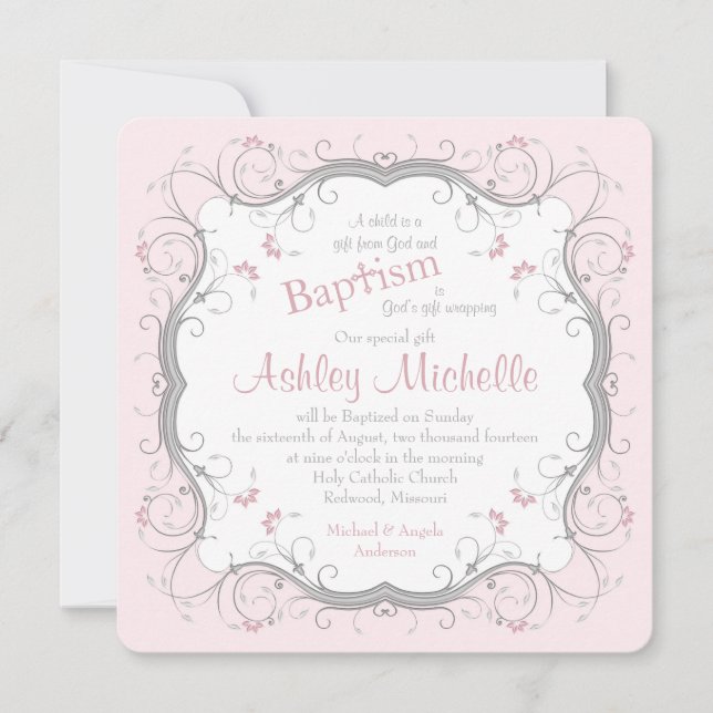 Baby Pink Grey Scroll Floral Baptism Invitation (Front)