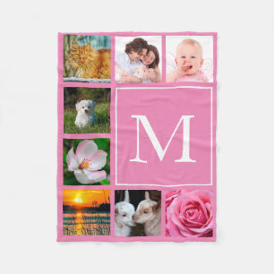 Baby Pink Instagram 8 Photo Collage Monogram Fleece Blanket