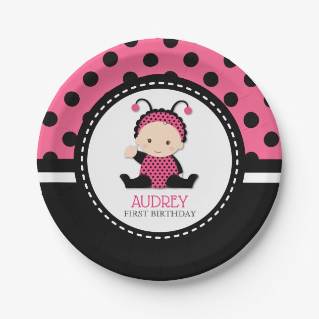 Baby Pink Ladybug First Birthday Baby Shower Paper Plate (Front)