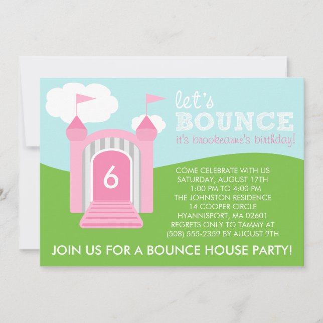 Baby Pink Let's Bounce Bounce House Birthday Party Invitation (Front)