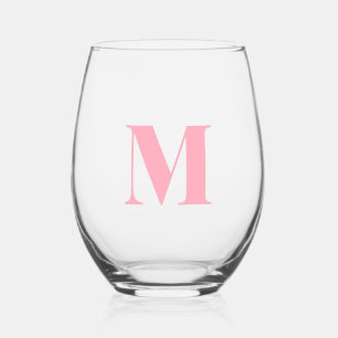 Baby Pink Modern Monogram Initial Letter Stemless Wine Glass