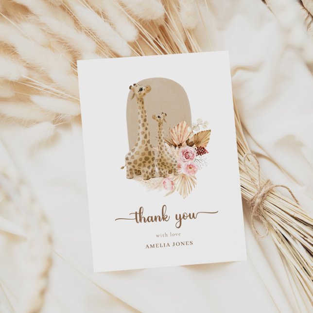 Baby Pink Pampas Grass Giraffe Baby Shower  Thank You Card (Creator Uploaded)