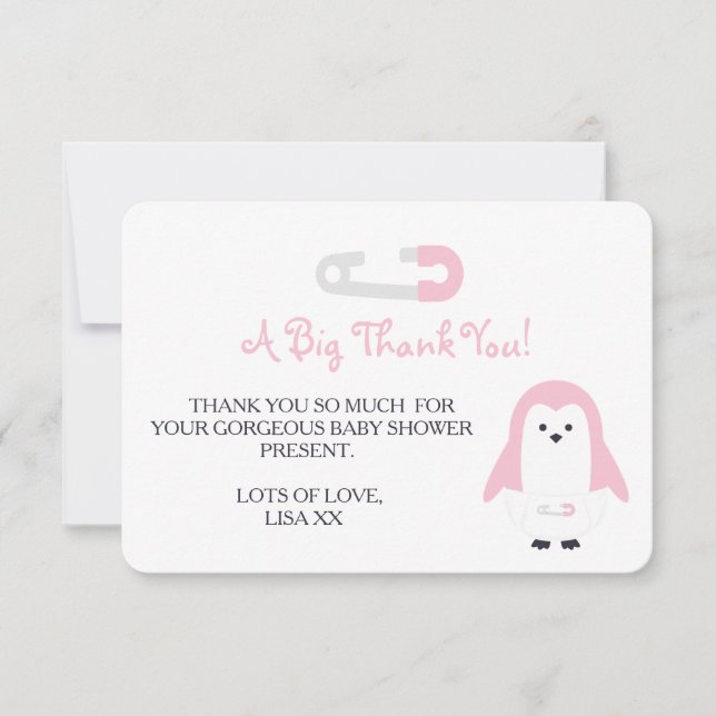 Baby Pink Penguin Thank You Invitation (Front)