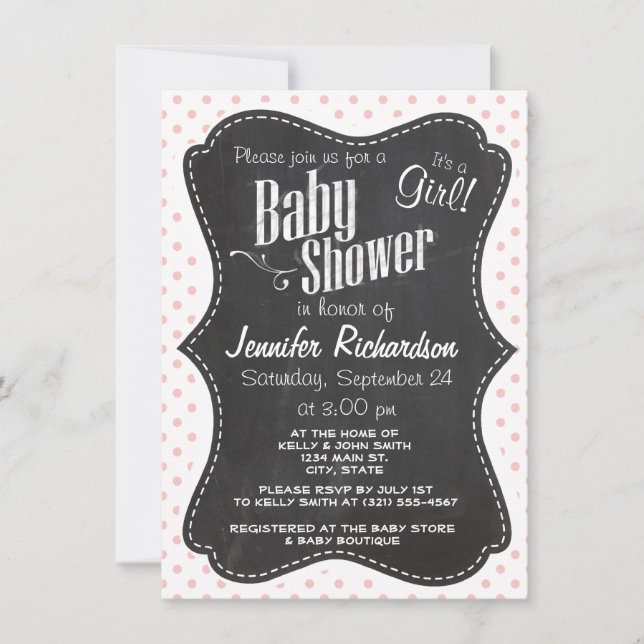 Baby Pink Polka Dots; Chalkboard Invitation (Front)