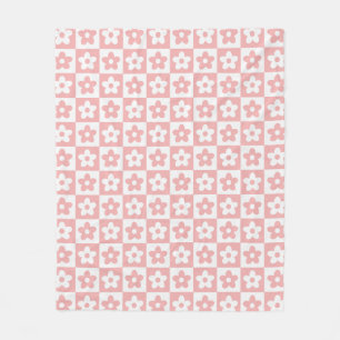 Baby Pink Retro Chequered Flower Pattern Fleece Blanket