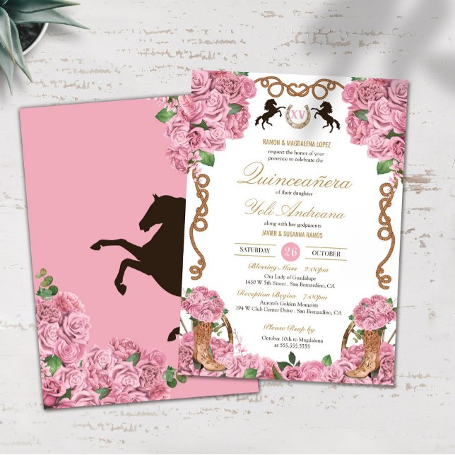 Baby Pink Roses Floral Western Charra Quinceanera Invitation (Creator Uploaded)