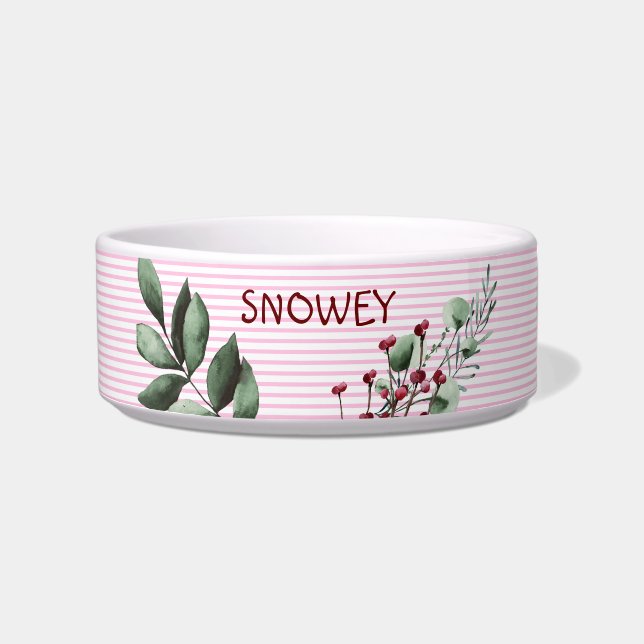Baby Pink Stripes Pattern with Floral | Custom Dog Bowl (Front)