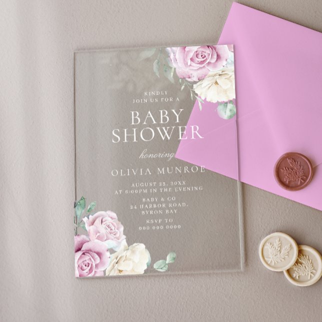 Baby Pink & White Floral Baby Shower Acrylic Invitations (Creator Uploaded)