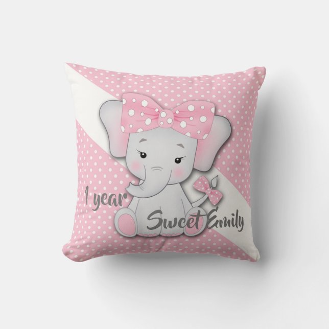 Baby pink white grey cartoon elephant personalise cushion (Front)