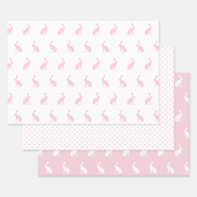 Baby Pink & White Rabbits with Polka Dots Pattern. Wrapping Paper Sheet (Set)