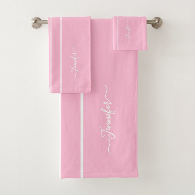 Baby Pink White Racing Stripes Monogram Girls Kids Bath Towel Set (Insitu)