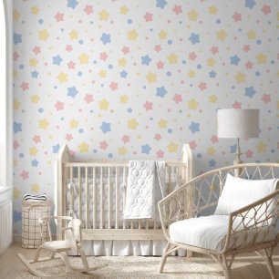 Baby Pink, Yellow, and Blue Stars on White Pattern Wallpaper