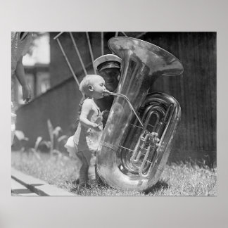 Baby Playing Tuba, 1923. Vintage Photo Poster